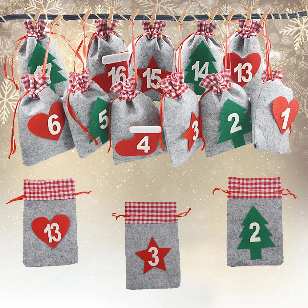 24PCS Visí Vianočné Tašky Kalendára Vianoce Candy Bag 2021 Vianočný Adventný Kalendár Časovač Taška Vianočné dodávky
