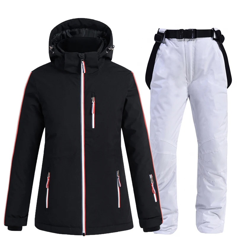 -30 Pure Black Žien obleku Snehu sa nastavuje Snowboard Oblečenie 10k Zimné Nepremokavé vonkajšie Nosiť kostým Ski Bunda + popruh Snehu nohavice
