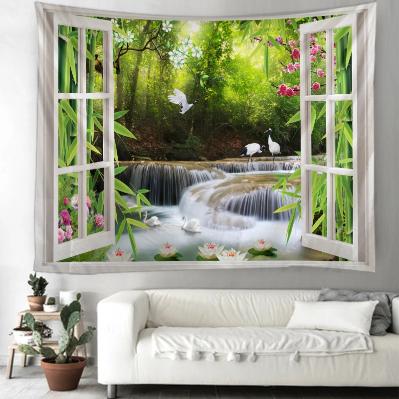 3D okno, krásne scenérie gobelín stene visí zelená borovicového lesa vodopád gobelín gng handričkou spálne, obývacia izba, spálňa