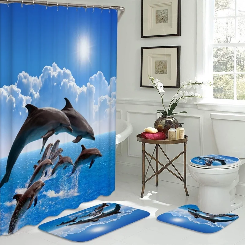 3D Slon Tlač Kúpeľňa Sady Tichom Dolphin Hlboké More, Sprchový Záves S 12 Háčiky Podstavec Koberec Veko Wc Kryt Vaňa Mat Nastaviť