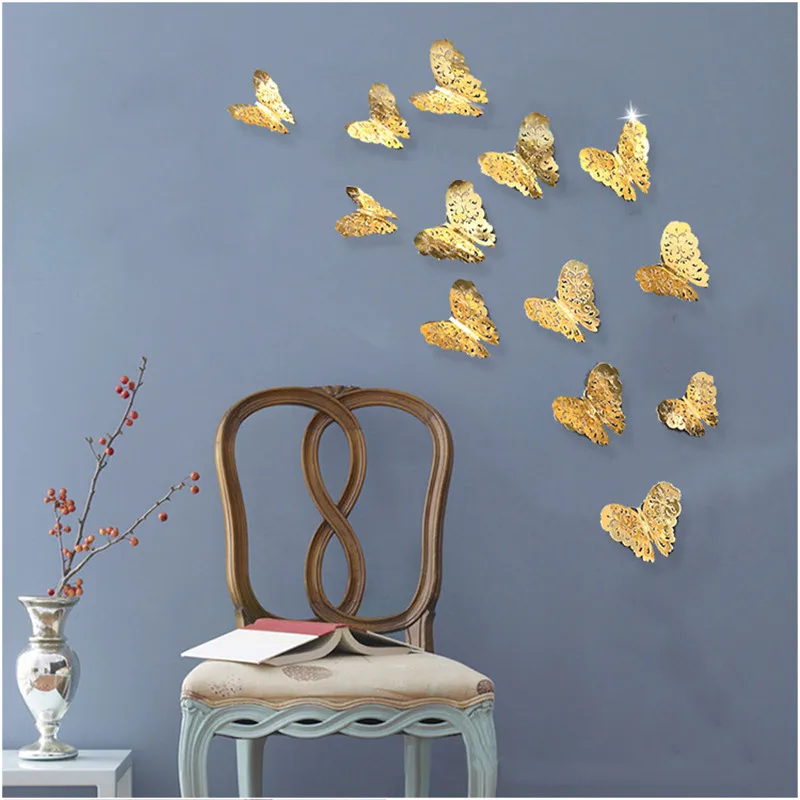 3D textúra Kovu zlato podiel Duté Motýľ stenu, nálepky, Obývacia izba, spálňa simulácia motýľ dekorácie 12pcs/set nálepky