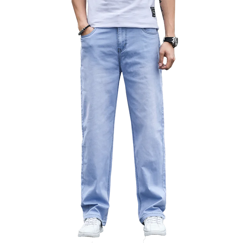 40 42 44 Mužov voľné džínsy 2020 jeseň zima značku oblečenia nové pohodlné bavlnené mládeže bežné rovné denim džínsy svetlo modrá