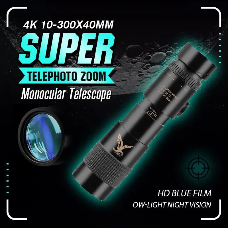 4K 10-300X40mm Super Zoom Teleobjektív Monokulárne Ďalekohľad Statív Ochrana Očí Nepremokavé FMC Ultra-Vysokou Priepustnosťou Fit Telefón