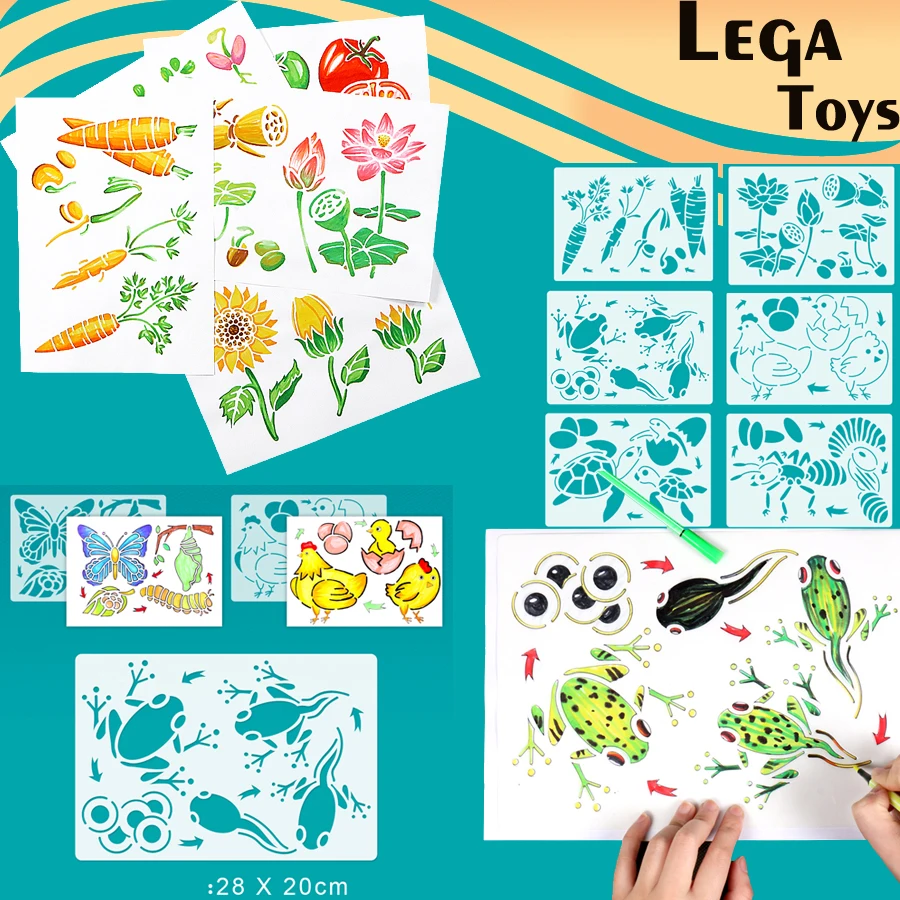4pcs Montessori Zvieratá a Rastliny, Motýľ, Lienka FrogJellyfish Slnečnice životného Cyklu Kreslenie, Maľovanie, Stencil Vzdelávacie Hračka