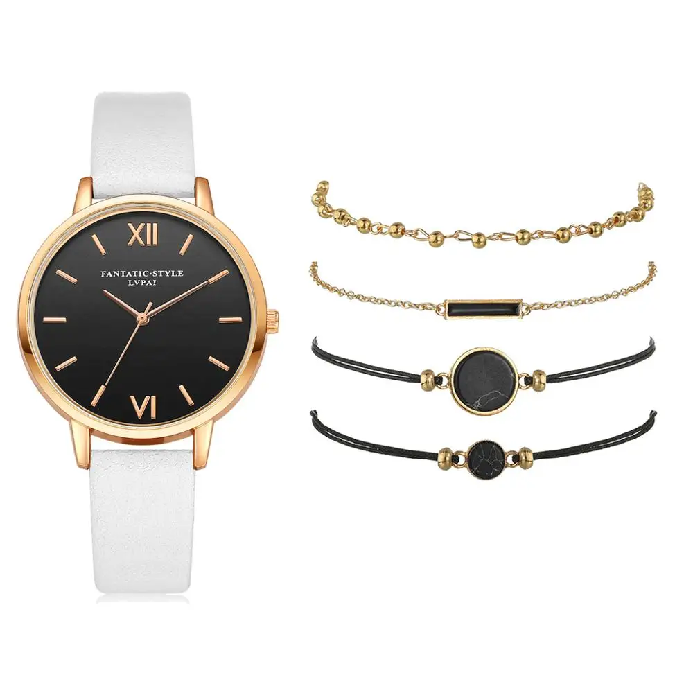 5 ks Set-Top Štýl, Módne dámske Luxusné Kožené Kapela Quartz Analógové Náramkové hodinky Dámske Hodinky Ženy Šaty Reloj Mujer Black Hodiny