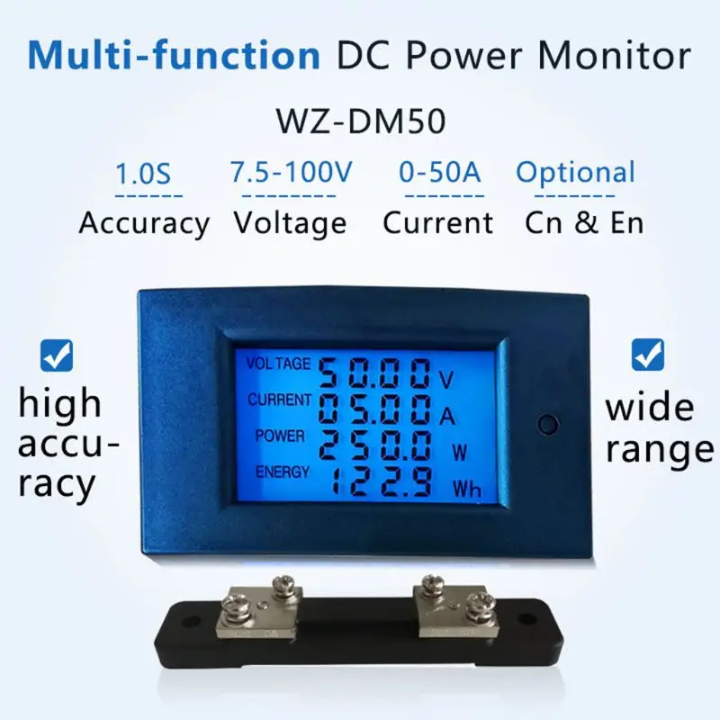 50A/20A/100A DC 7.5-100V Digitálny LCD Voltmeter Ammeter Wattmeter energie Energie Meter Volt kwh Watt Amp
