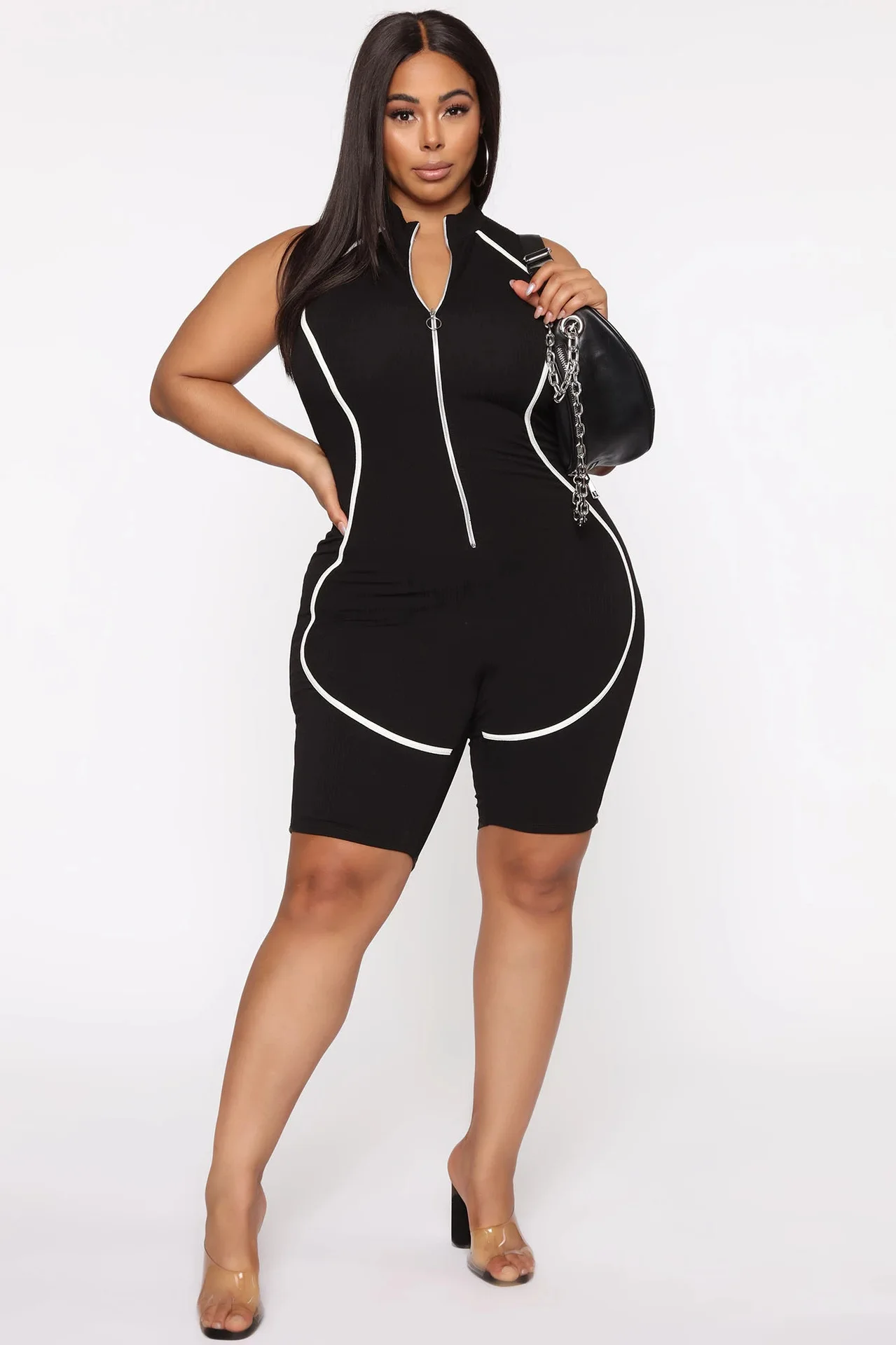 5XL Plus Veľkosť Ženy Romper bez Rukávov Čierne Pruhované Patchwork Zips Pletené Koleno Dĺžke Bodycon Jumpsuit Playsuit Oblečenie