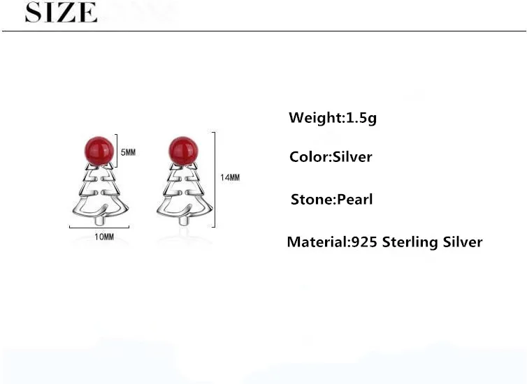 925 Sterling Silver Elegantný Vianočný Stromček Red Pearl Lady Stud Náušnice Podpora Šperky Ženy Darček Anti Alergie