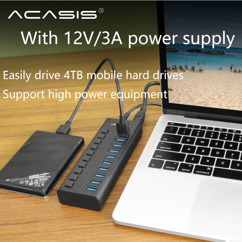 Acasis ROZBOČOVAČ USB 3.0 10 Portov Super Speed 5Gbps Prenosné USB 3.0 HUB Rozbočovač So Externý Napájací Adaptér Pre PC Príslušenstvo