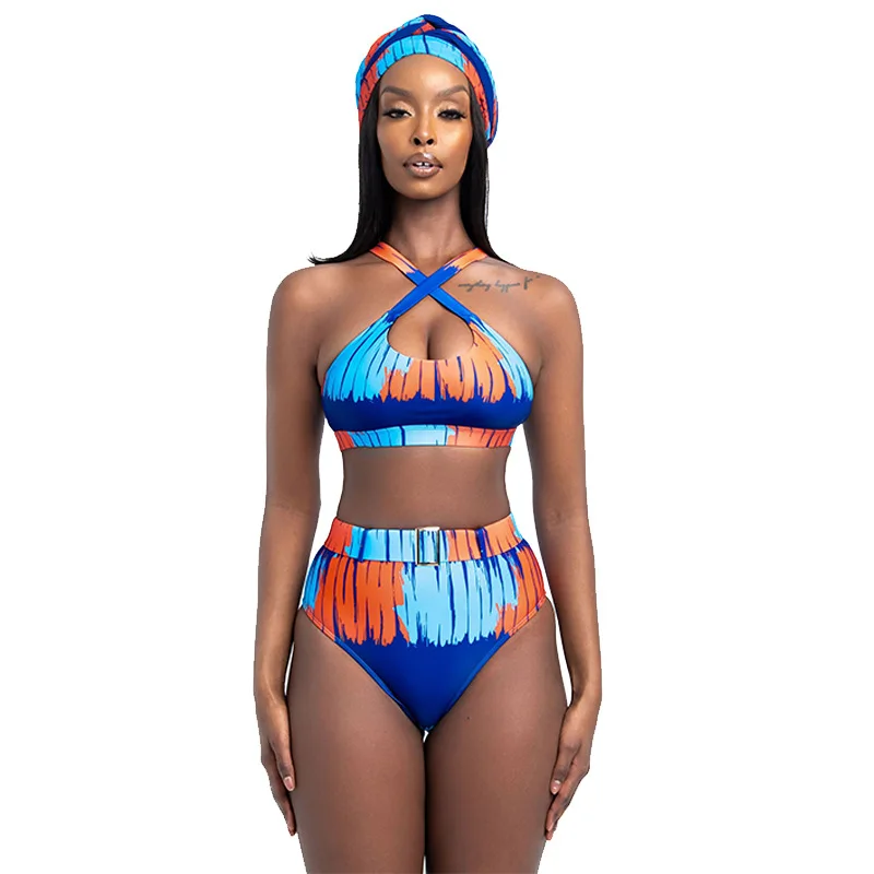Africké Bikini Set Vysoký Pás Plavky Žena, Plavky Pad Dva Kúsok Indie Folk Tlač 2021 Pláži Ohlávke Krku Kríž Plavky