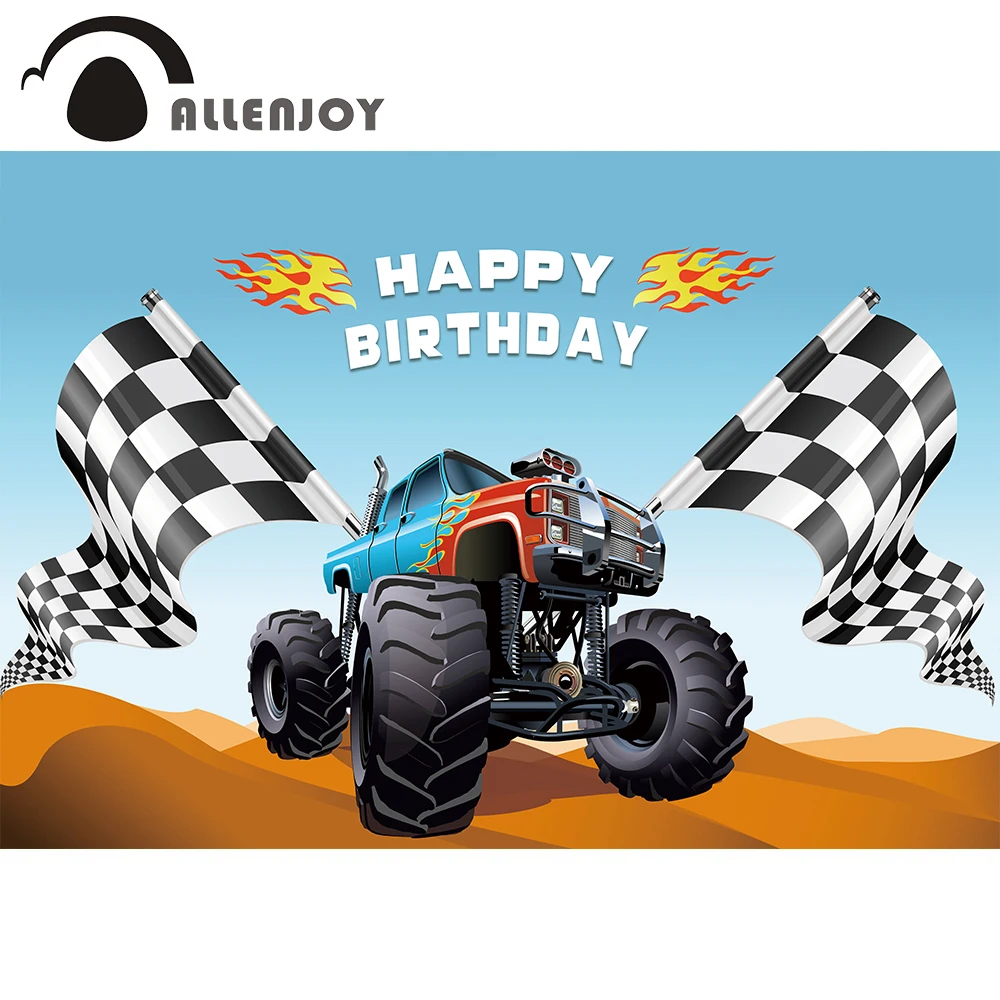 Allenjoy Monster Truck Športové Hry Photozone Stožiare Vlajky Púšti Dieťa Happy Birthday Party Pozadia Baby Sprcha Cartoon Bannery