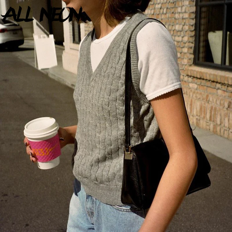 ALLNeon E-dievča 90. rokov Vintage Nádychom Pevné V-neck Pletené Vest Y2K Módne bez Rukávov Nádrže Topy Jeseň Základné Ostrihané Pulóvre Roztomilý