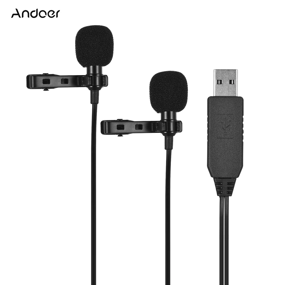 Andoer USB Dual-head Lavalier Klope Mikrofón 1,5 m/5 ft Clip-on pre Video, Záznam Zvuku