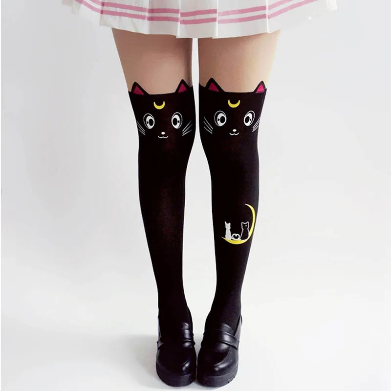 Anime Sailor Moon Cosplay Ponožky Kostým Ženy Luna Mačka Ponožky Pantyhose Hodváb Pančuchové Nohavice Legíny, Pančuchy Čiernej Na Bielu Roztomilý Zdobiť