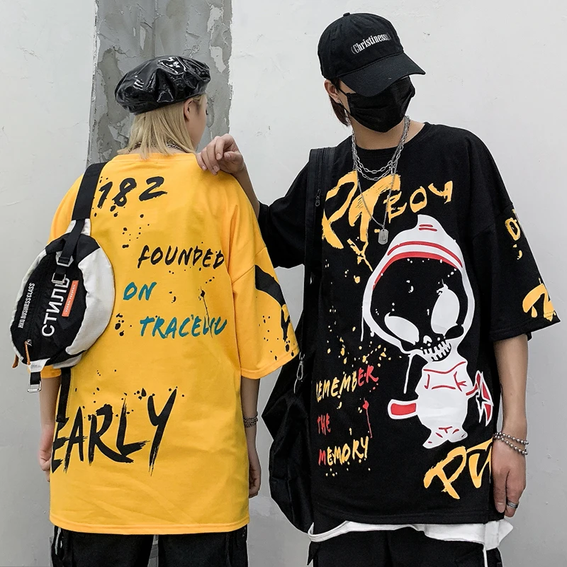 Aolamegs pánske T-shirt Hip Hop Graffiti Cudzie Tlačiť T-shirts Mužov Bežné Harajuku High Street Tees Lete Streetwear oblečenie mužov