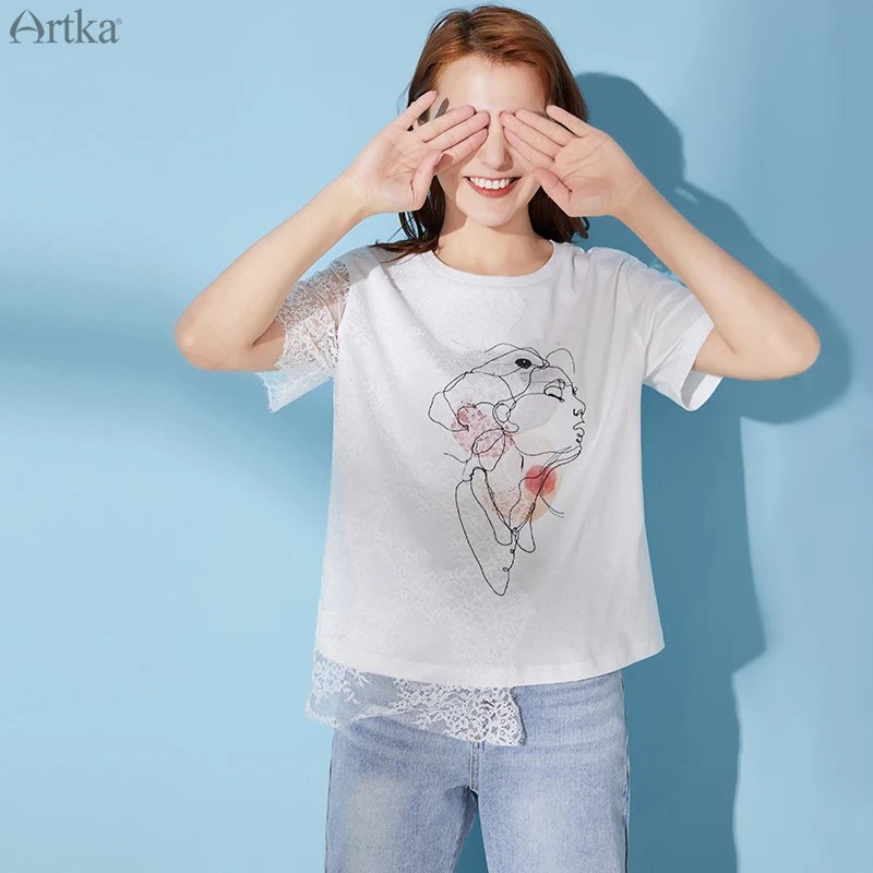 ARTKA 2020 Lete Nové Žien T-shirt Módne Lady Výšivka Biela T-shirt O-Krku Čipky Patchwork Čistej Bavlny T-shirts TA20608X