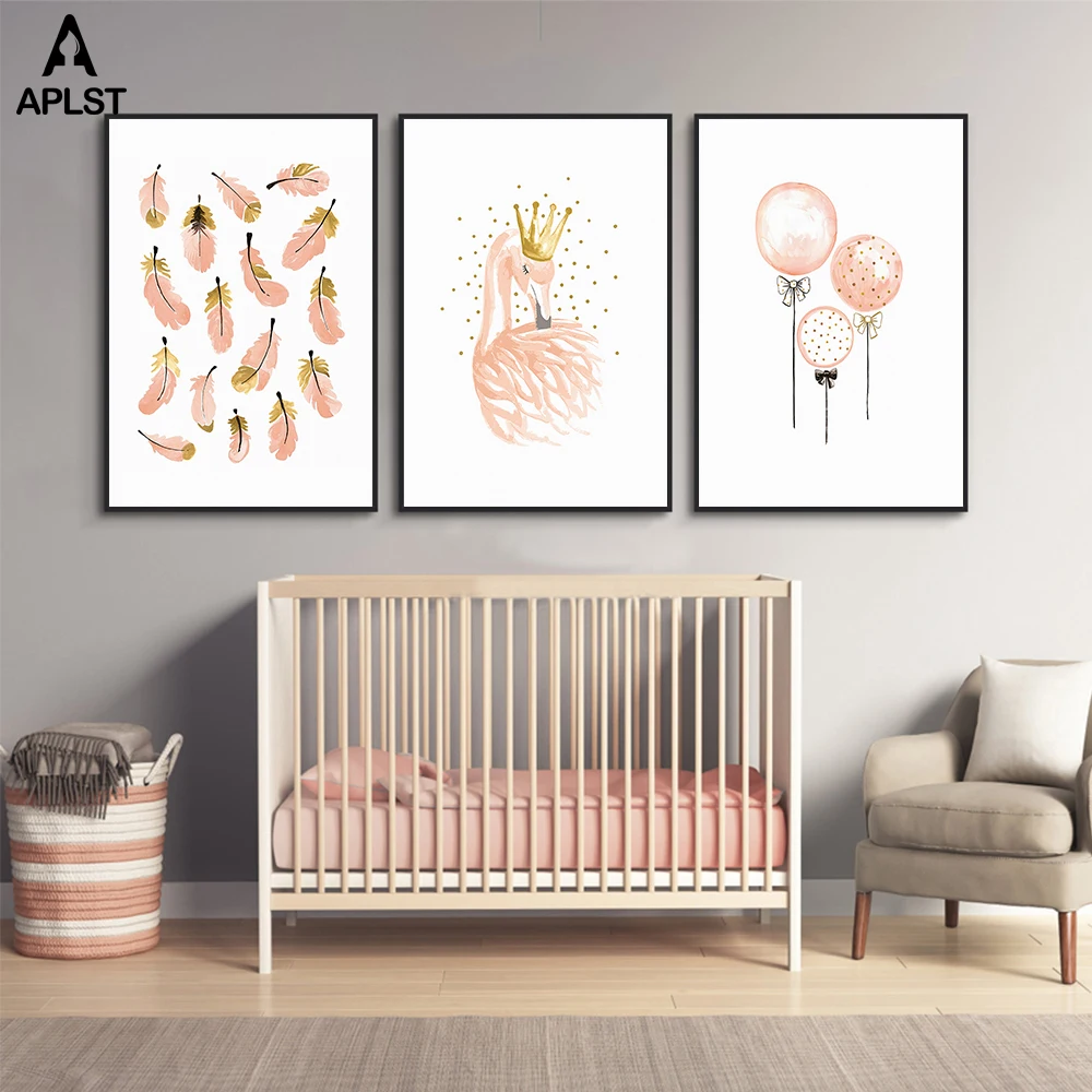 Baby Deti Škôlky Dievčatá Spálňa Plátno Plagát a Tlač Flamingo Pierko Balón Wall Art Obrazy Cartoon Dekoratívne Obrázok