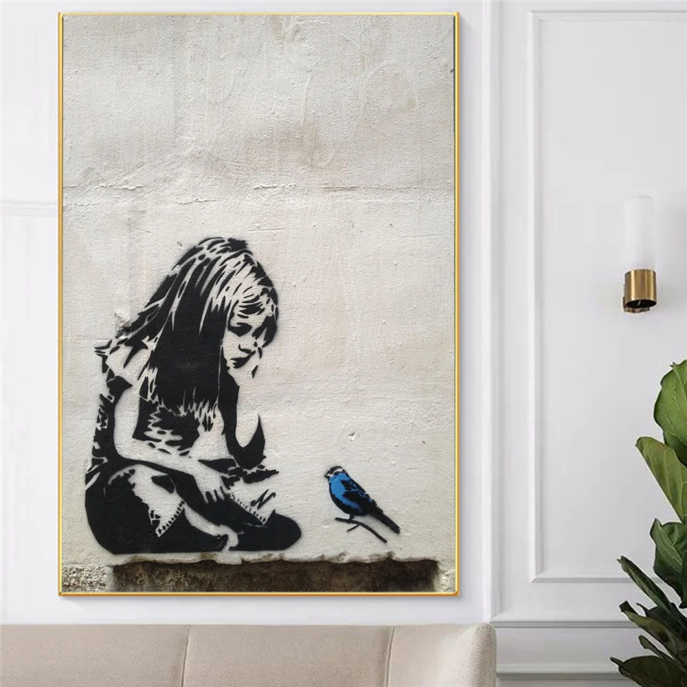 BANKSY Graffiti, Street Art Dievča S Blue Bird Plagáty a Vytlačí Nordic Plátno Umelecké reprodukcie obrazov na Stenu Wall Art Domáce Dekorácie