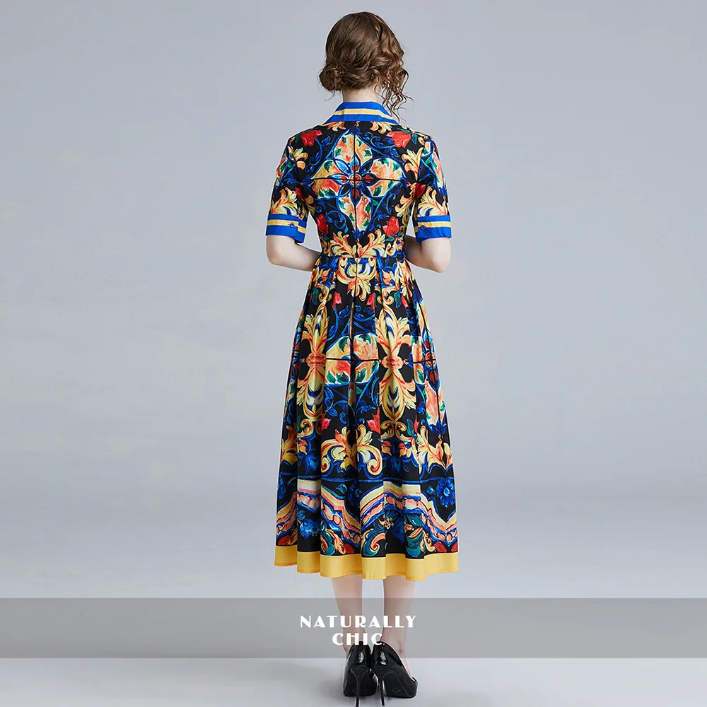Banulin Nové 2019 Lete Dizajnér Dráhy Maxi Šaty dámske Krátky Rukáv Vysoko Kvalitný Elegantný Tlač Vintage Blue Dlho Party Šaty