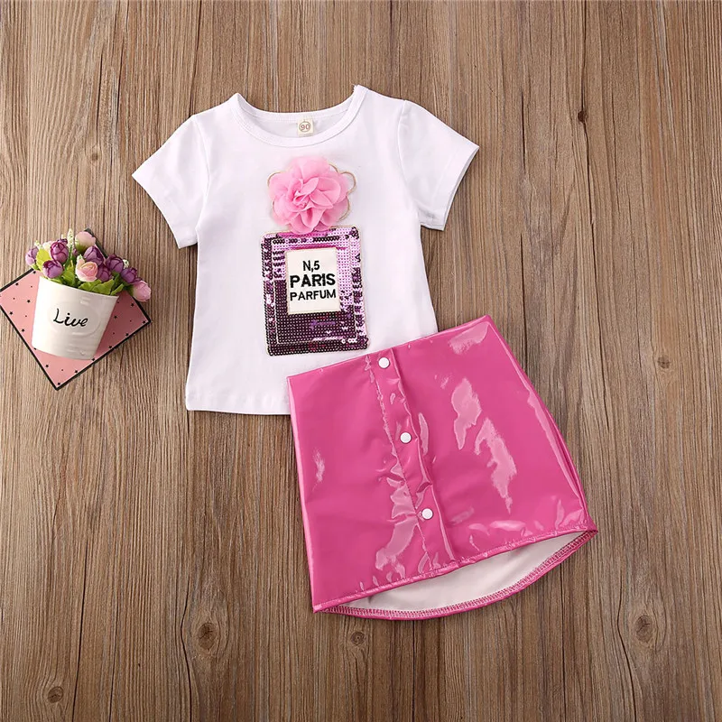 Batoľa Detská Dievčatá Oblečenie, detské Letné Princezná 3D Kvet Krátky Rukáv O-neck T-Shirts Kožené Mini Sukne Oblečenie, Oblečenie