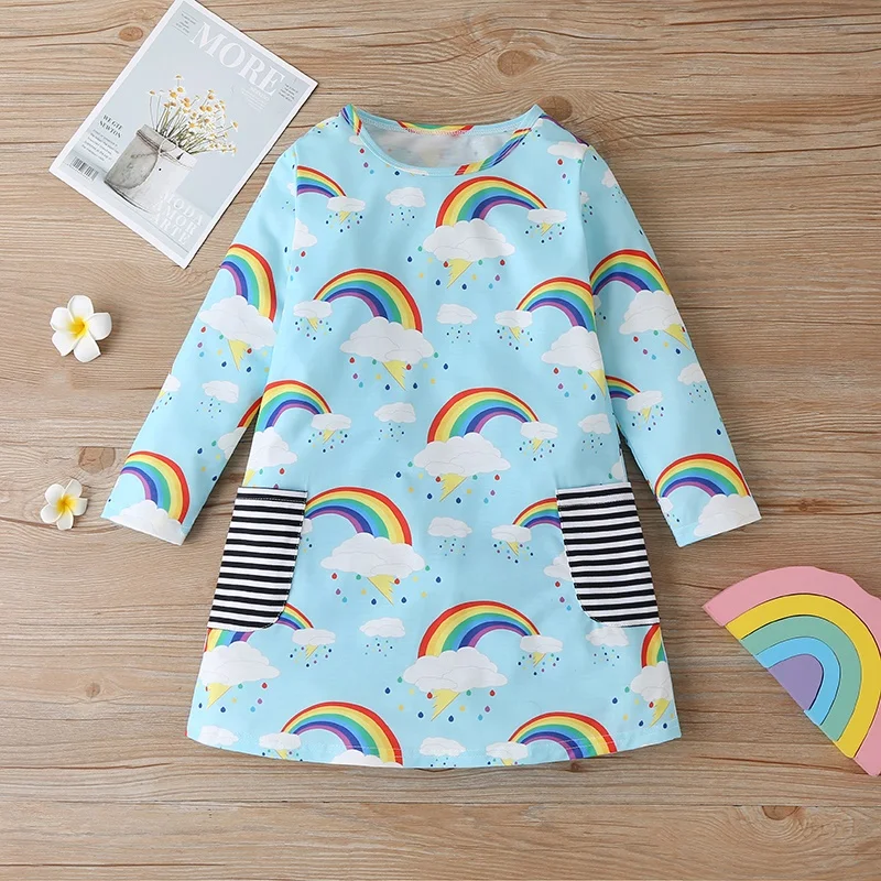 Bavlna Baby Girl Dress Rainbow Tlače Prekladané Vrecku Dlhý Rukáv Princezná Deti Rovné Šaty Zimné Strany Dieťa Dievča Oblečenie 1-6Y