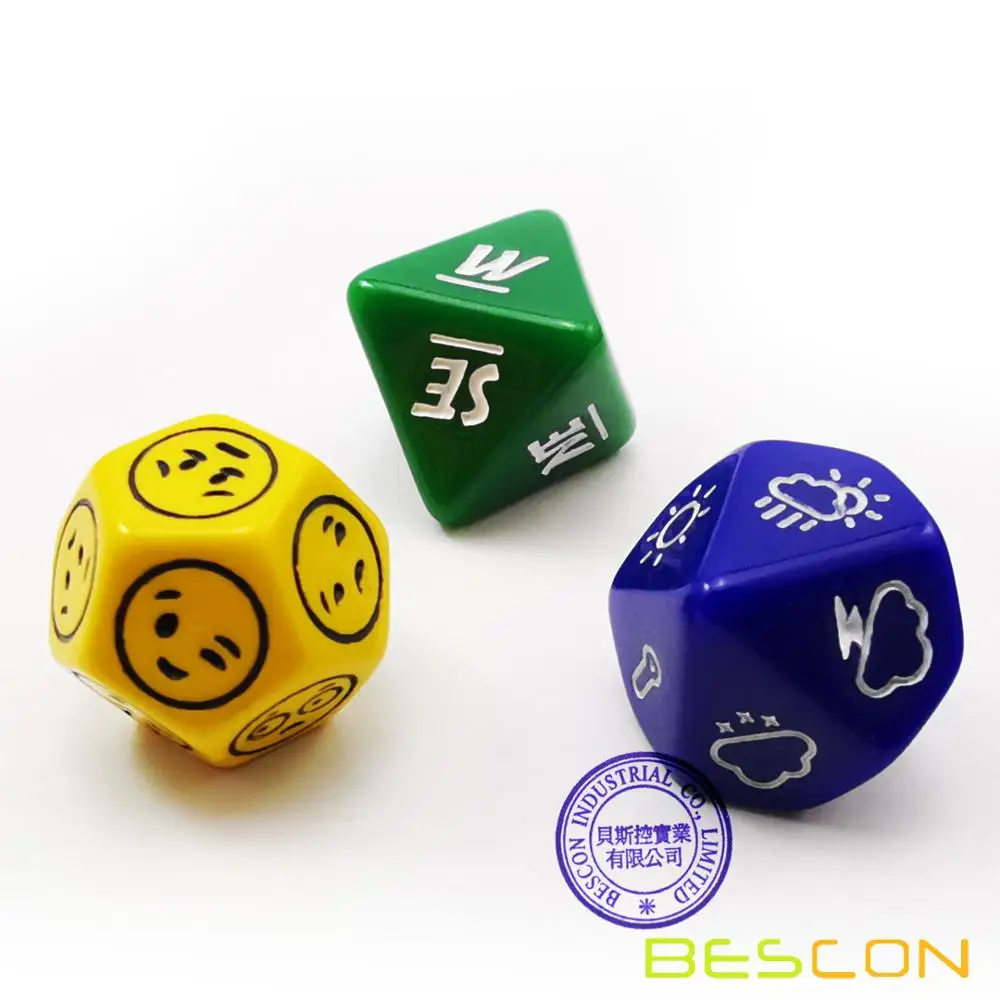 Bescon je Emócia, Počasie a Smer Dice Set, 3 ks Vlastnícke Polyhedral RPG Dice Set v Modrej, Zelenej, Žltej