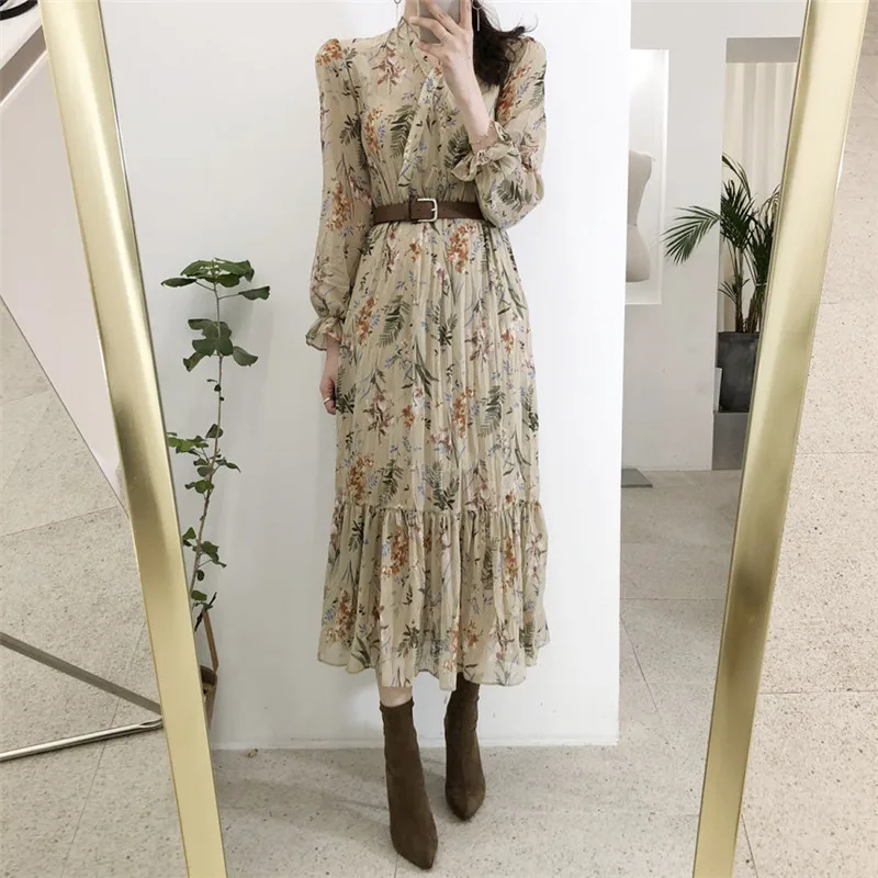 BGTEEVER Elegantného tvaru Kvetinový Vytlačené Ženy Šaty, Závoje Rukáv A-line Žena Šifón Šaty 2019 Vintage Ženy Midi Vestidos