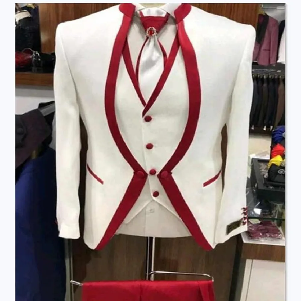Biela Červená Rim Fáze Oblečenie Pre Mužov, ktoré Vyhovovali Nastaviť Pánske Svadobné Obleky, Kostýmy Ženícha Smoking Formálne (Bunda+nohavice+vesta)