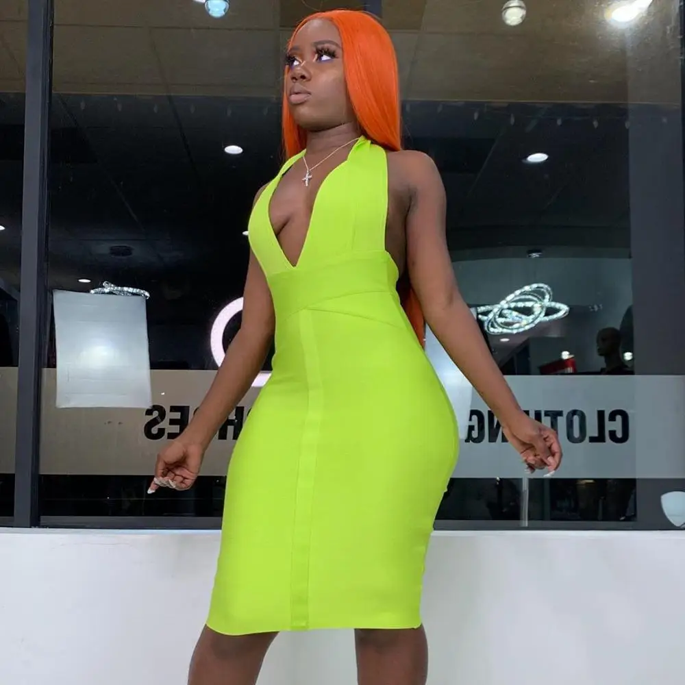 BKLD Šaty Letné Oblečenie Pre Ženy 2020 Nové Sexy plavky s uväzovaním za tvaru Bodycon Šaty Neon Zelená Backless Strany Clubwear Ženy Šaty