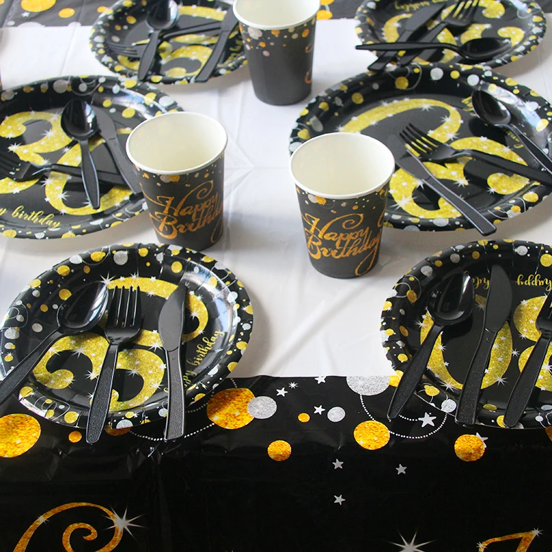 Black Gold Strany Jednorázový Riad Nastaviť 30 40 50 Rokov Happy Birthday Party Dekorácie Dospelých Výročie Dekorácie Dodávky