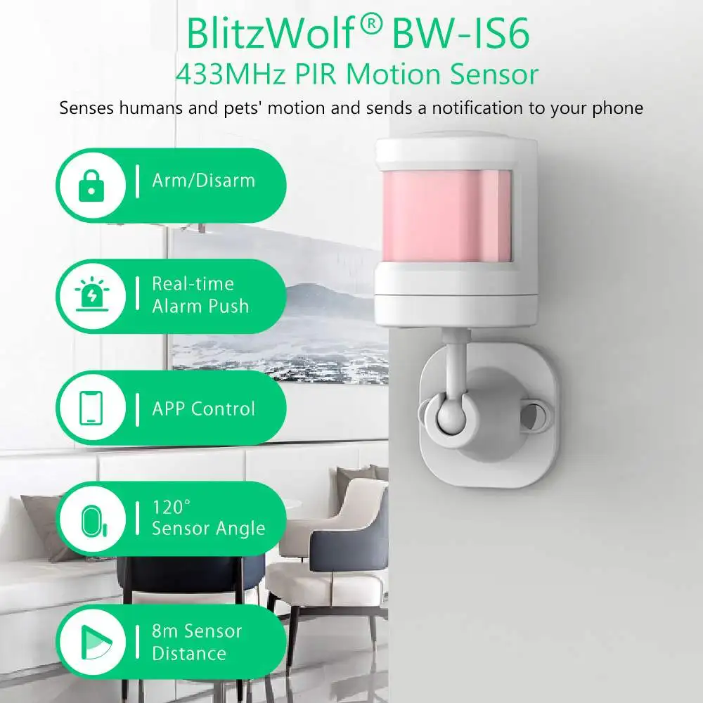 BlitzWolf BW-IS6 433MHz Inteligentné Ľudské Telo Senzory Bezdrôtové Arm, Disarm Real-time Alarm Push APP Riadenie PIR detektor Pohybu