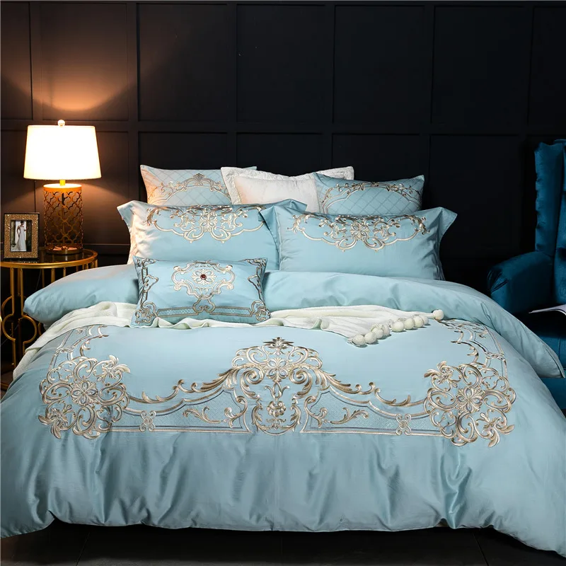 Blue Luxusný Európsky Štýl Royal Výšivky 60-tych rokov, posteľná bielizeň z Egyptskej bavlny Nastaviť Perinu Posteľ list, Posteľná Bielizeň, obliečky na Vankúše 4/7pcs