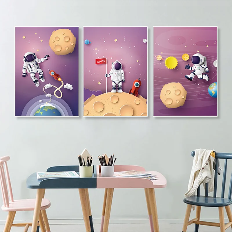 Cartoon Mliečna dráha Rakety Astronauti Moderné Plagáty Vytlačí Plátno na Maľovanie na Stenu Obrázok Pre Obývacej Izbe, detskej Spálne Domova
