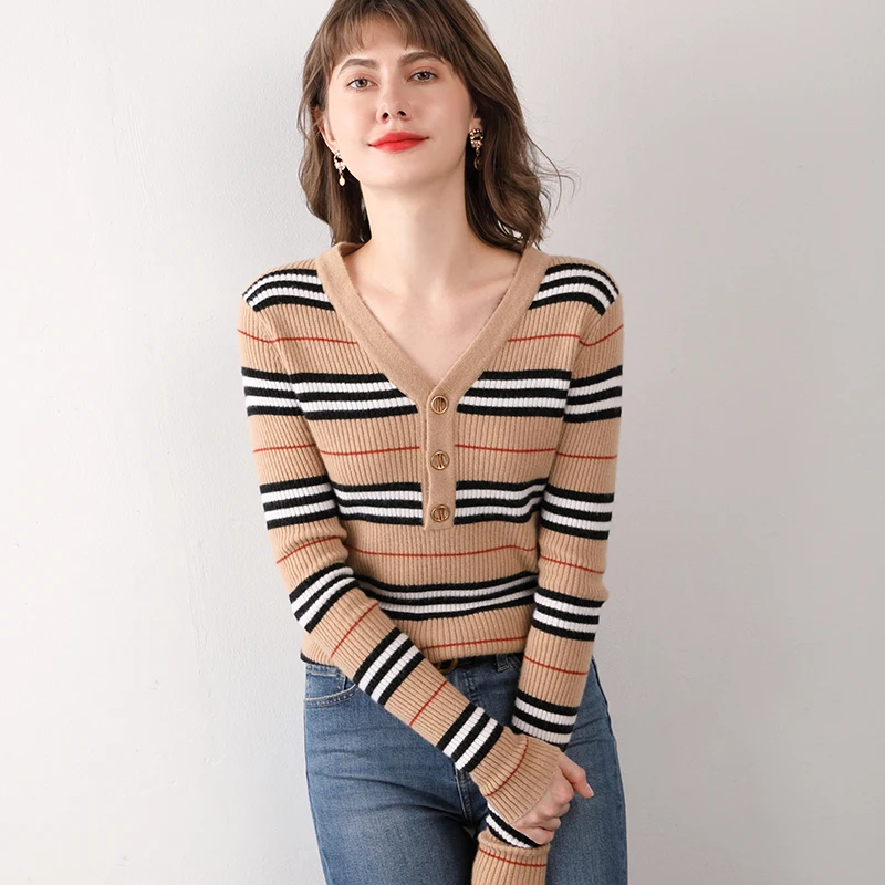 Cashmere pruhovaný sveter na jar a na jeseň elegantné krásu tvaru tenký úplet klesnutie tričko módne wild jednoduché vlnený pulóver