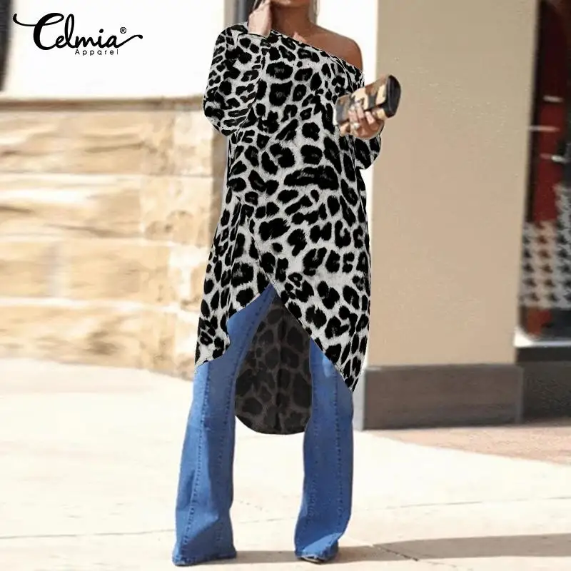 Celmia 2021 Módne Asymetrické Topy Sexy Leopard Tlač Ženy Blúzky Dámske Mimo Ramenný Bežné Dlhé Košele Plus Veľkosť Blusas