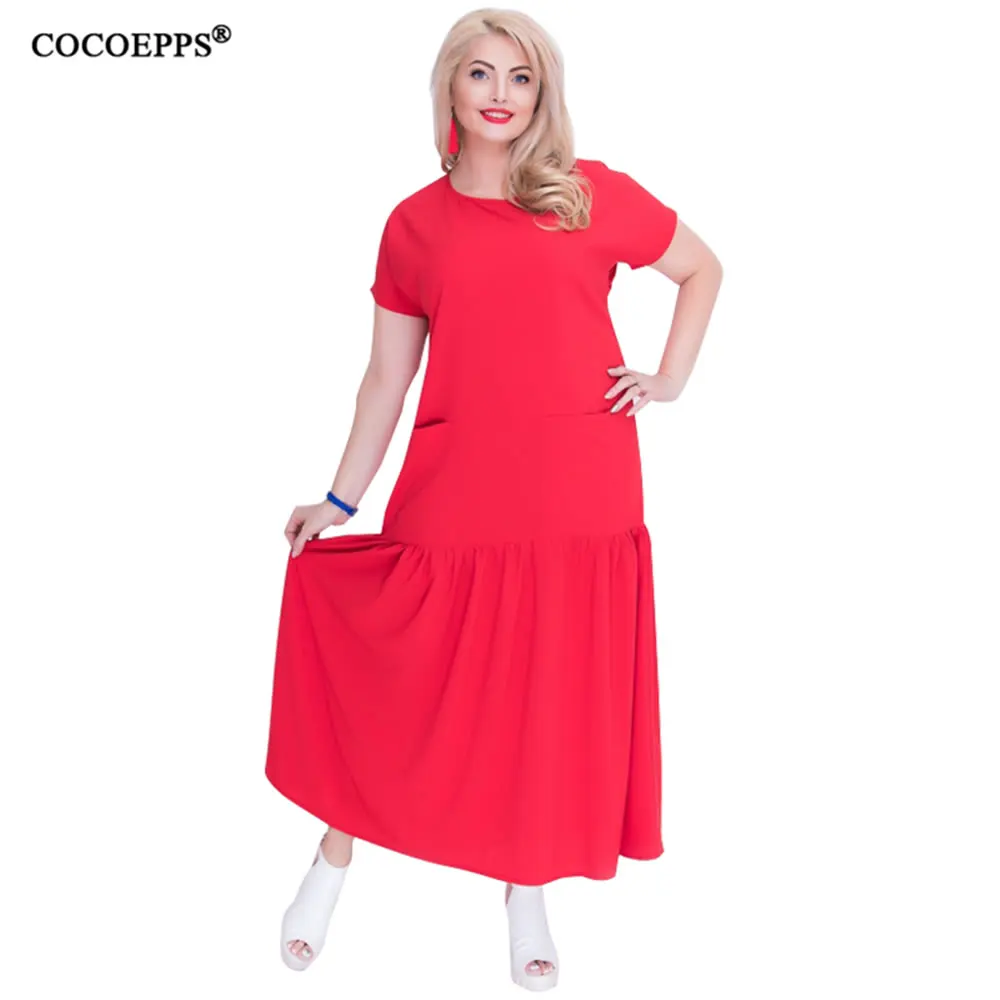 COCOEPPS 2019 Plus Veľkosť Lete Pevné Dlhé Šaty Pre Ženy, Veľká Veľkosť Patchwork S Vreckami O-krku Šaty Vintage Vestidos 6XL