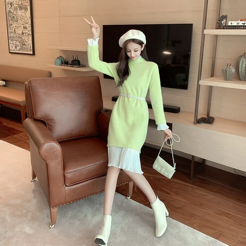 COIGARSAM Office Lady Volánikmi Ženy jednodielne šaty kórejský Nové Jar Plná Rukáv Pletenie Pevné Vysoký Pás Šaty Zelenej Ryže W