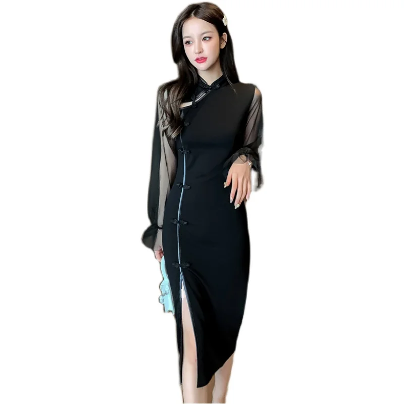 COIGARSAM Patchwork Ženy jednodielne šaty kórejský Nové Jar Plné Oslnenie Rukáv Oka Šaty Black 9322