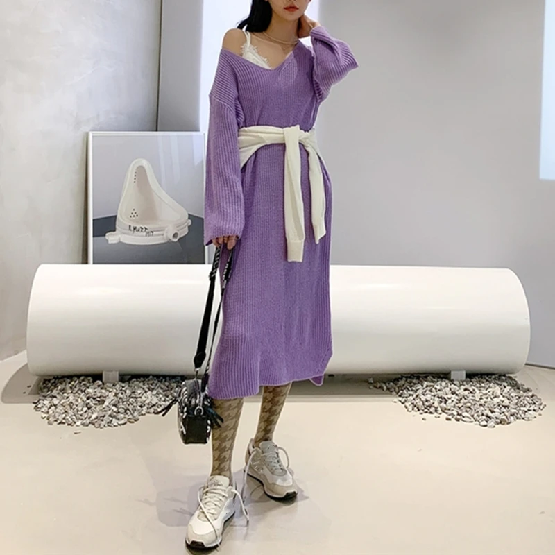 Colorfaith Nové 2020 Jeseň Zima Ženy Šaty tvaru Split Teplé Pletenie Nadrozmerná Elegantný Retro Dámske Dlhé Šaty DR3304