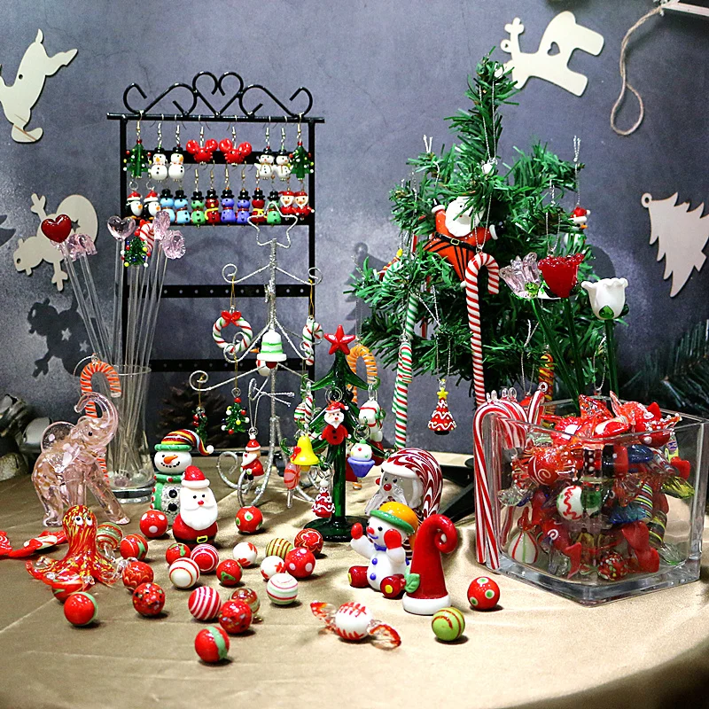 Custom Handmade Sklenené Vianočné Ozdoby Mini Roztomilý Zvierat Figúrka Prívesok Darčeky Xmas Tree Decor Visí Candy Cane Príslušenstvo