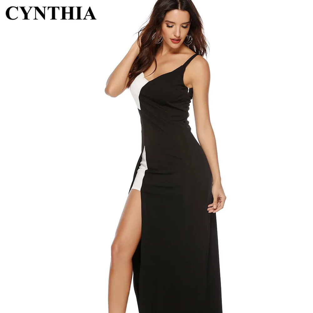 CYNTHIA Jarné dámske Večerné Šaty Formálne Šaty V-neck Black White Šitie Košieľka Štrbinou Formálne Šaty Elegantné