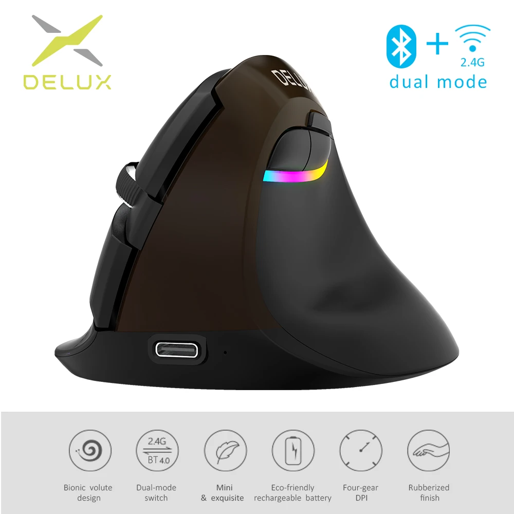 Delux M618 Mini Jet Black Bezdrôtová Myš Bluetooth 4.0+2.4 GHz dual mode Nabíjateľná Tichý kliknite Vertikálne Myši Pre PC