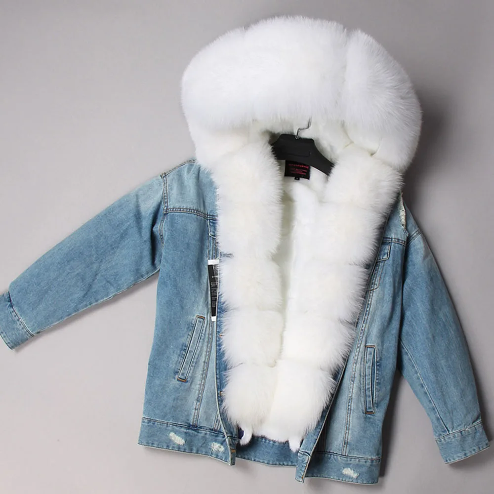 Denim Jacket Prírodné Fox Kožušiny Golier Odnímateľná Podšívka Park Kabát Ženy Zimné Oblečenie