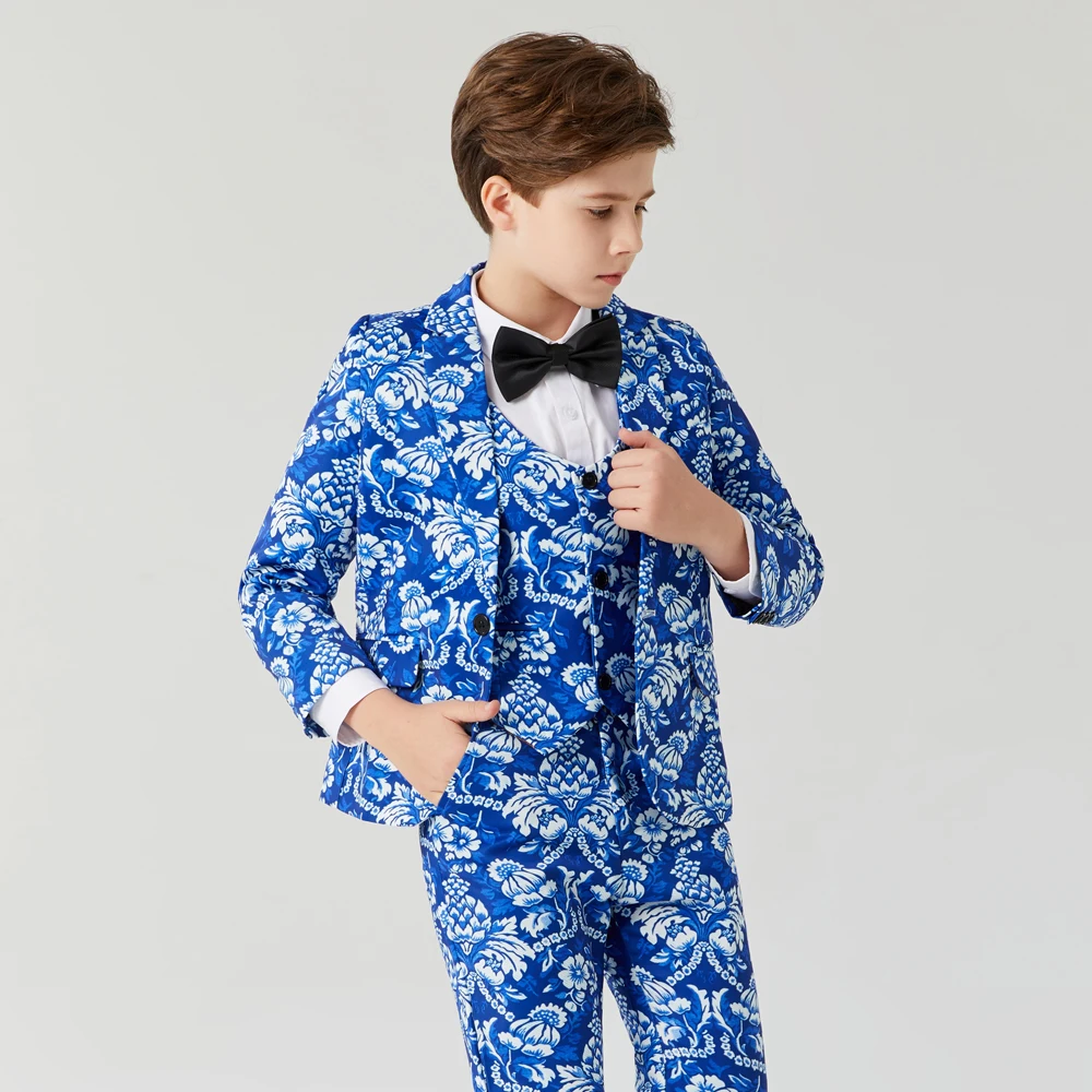 Detské Obleky Pre Chlapca, Formálne Šaty Pre Svadobné Chlapec Vyhovuje Sako, Vesta Nohavice Britský Štýl Kvetinový Tlač chlapca blue print oblek
