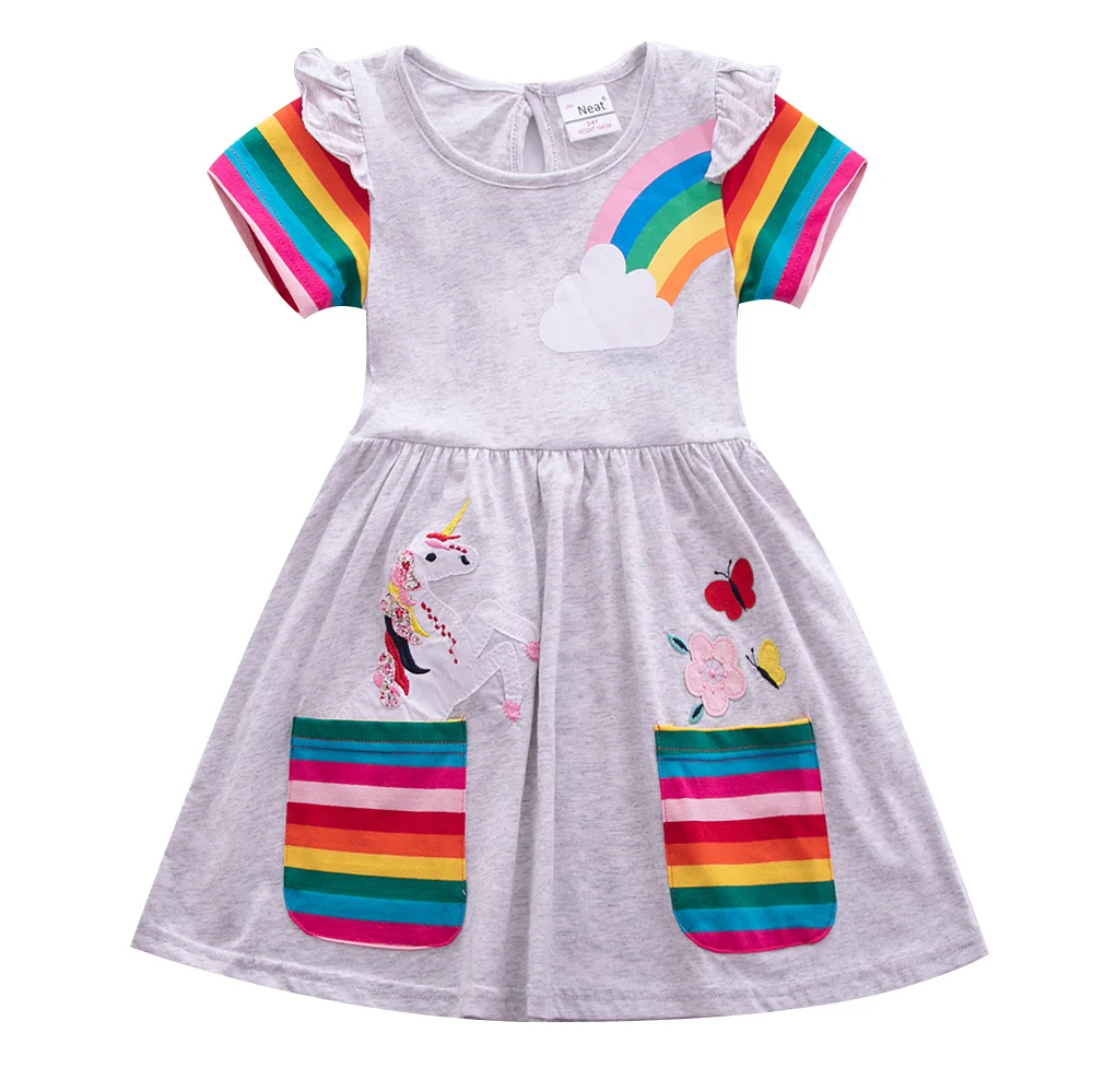 Dievča krátky rukáv šaty jednorožec cartoon nové letné bavlnené šaty rainbow vrecku rukávy šaty, šaty pre dievčatá, krátky rukáv šaty