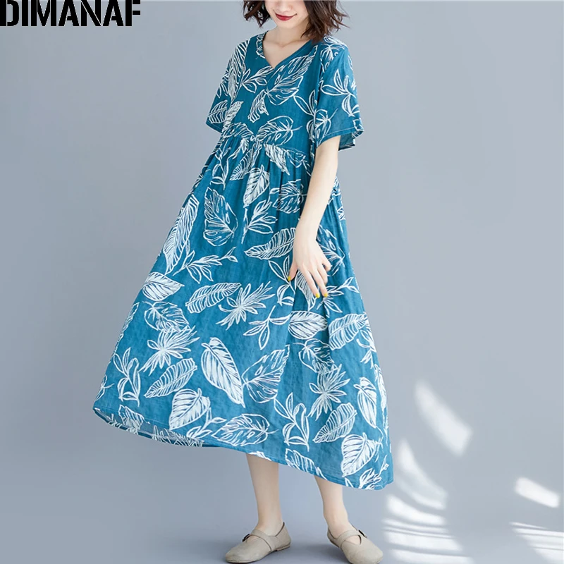 DIMANAF Plus Veľkosť Lete Ženy Šaty Bavlnená posteľná Bielizeň Tlač Voľné Bežné Skladaný Krátky Rukáv Elegantná Dáma Sundress Šaty Oblečenie