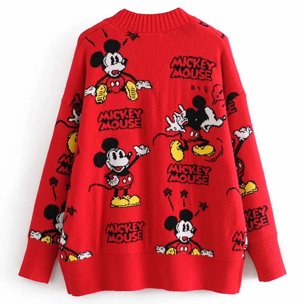Disney Štýlový Mickey Mouse Karikatúra Tlače tvaru Cardigan Single-breasted Streetwear Červená Ženy Pletený Sveter s Dlhým Rukávom Topy
