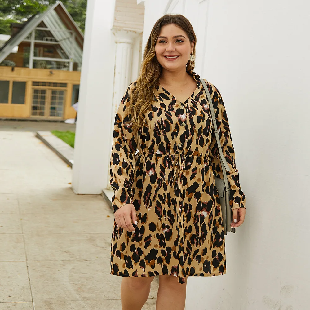 DOIB Ženy Leopard Tlač Šaty V Krku Plný Svietidla Rukáv Krídla Plus Veľkosť Šaty 2020 Módne Voľné Oblečenie pre voľný čas
