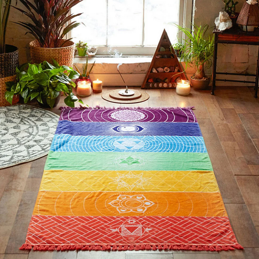 Domov Polyester Bohemia Stene Visí India Mandala Deka 7 Čakra Farebné Gobelín Rainbow Pruhy Cestovné Pláži Yoga Mat