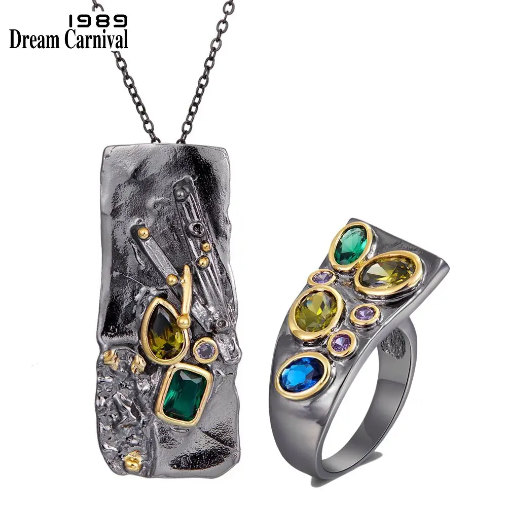 DreamCarnival1989 Značky Pôvodné Rectanglar Prsteň a Náhrdelník Nastaviť Gotický Dizajn Farebnými Zirkónmi Ženy Módne Šperky PR6678S2
